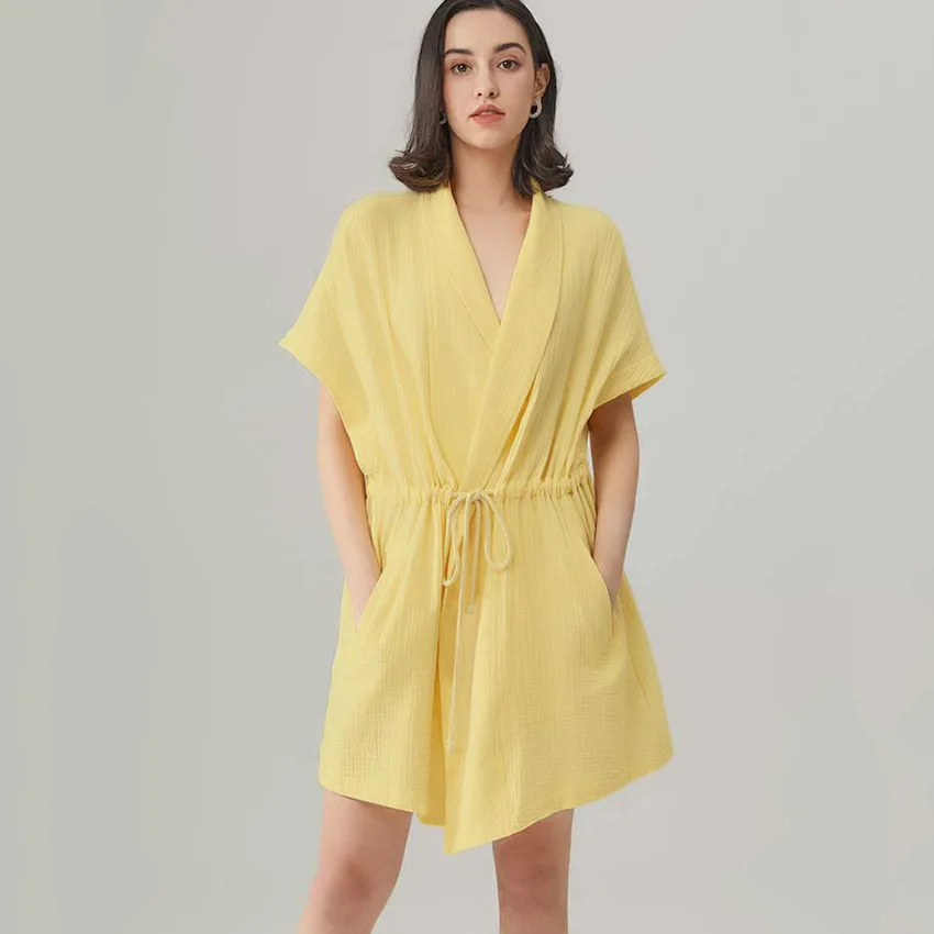 Summer Women's Yellow Night-robe Woven Cotton Double Layer Gauze Cross Collar Pajamas Elastic Waistline Comfort Night-clothes