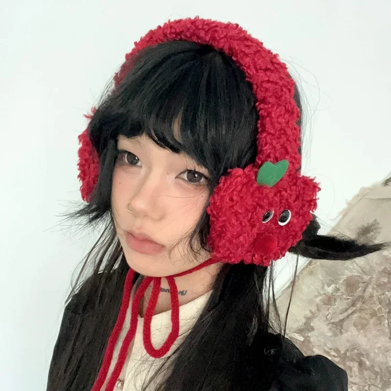 Cute Apple Shape Design Red Plush Earmuffs for Women Autumn and Winter Warm Ear Protection Fashion Versatile Straps Hairband