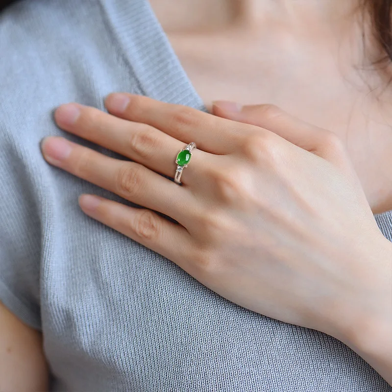 S925 Silver Natural A-grade Jadeite Yang Green Oval Egg Facet Ring Ice-type Jade Ring For Women Fashion Adjustable Jewelry