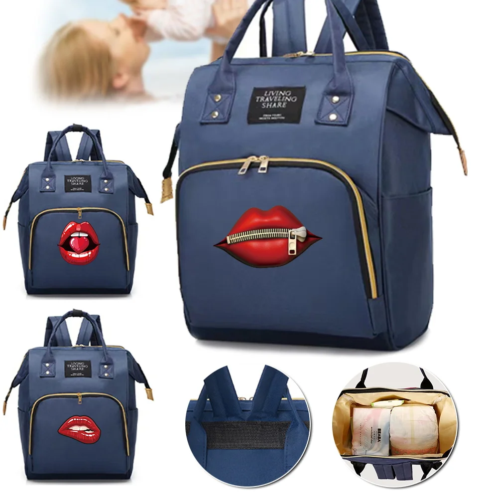 

Mommy Pack Large Capacity Compartments Zipper Backpack Portable Simple Casual Travel Storage Shopping Bag Mouth Pattern Unisex