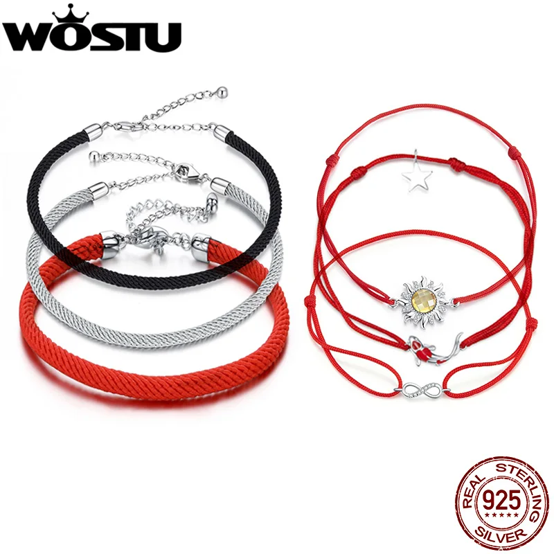 WOSTU Hot Sale Real 925 Sterling Silver Red Rope Bracelet Classic Lucky Bangle Fit Beads Charms Bracelets DIY Jewelry Making