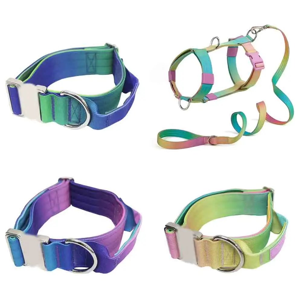 Gradient Color 2 Inch Wide Tactical Dog Collar Ribbons Durable Anti-Strain Heavy Duty Nylon Pet Training Collar Handle for Daily
