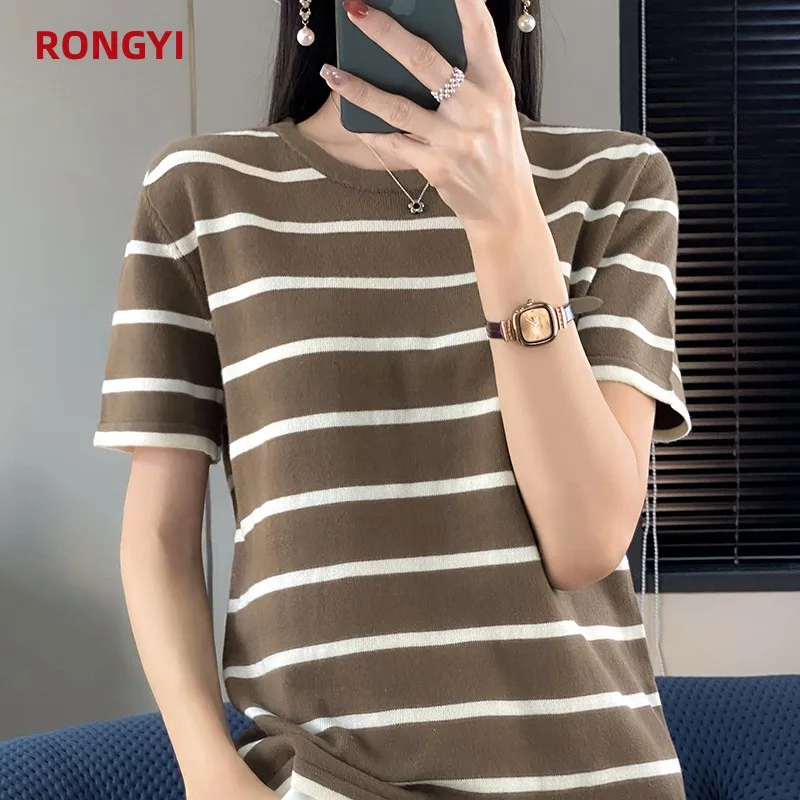 RONGYI Spring And Summer 100% Cotton Women\'s O-Neck Pullover Short Sleeve T-Shirt Striped Knitting Fashion Casual Spacious Top