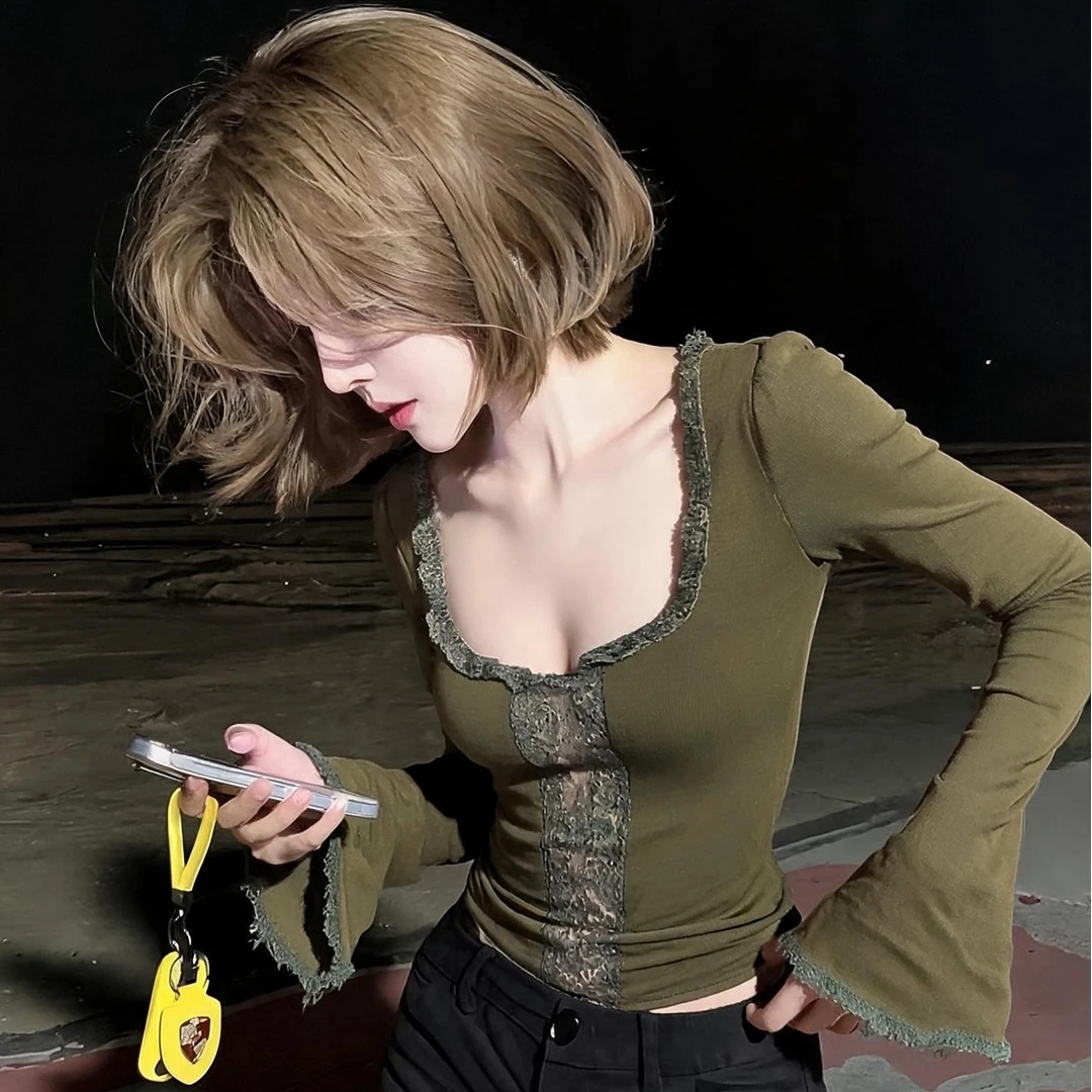French Vintage Green Slim Fit Long Sleeve T-Shirt Women's Base Shirt Square Collar Design Spring Autumn Inner Wear