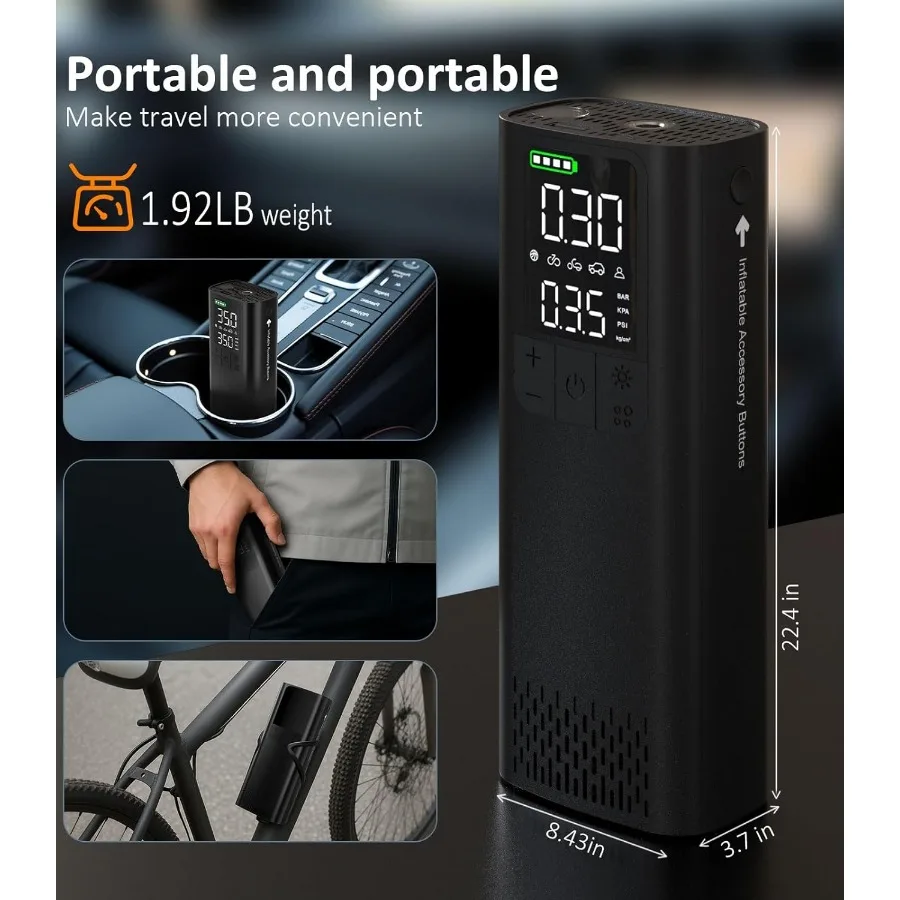 Compressore d'aria portatile per gonfiatore di pneumatici per auto 0,8 minuti Gonfiaggio completo fino a 160 PSI con manometro digitale TypeC Ricarica C