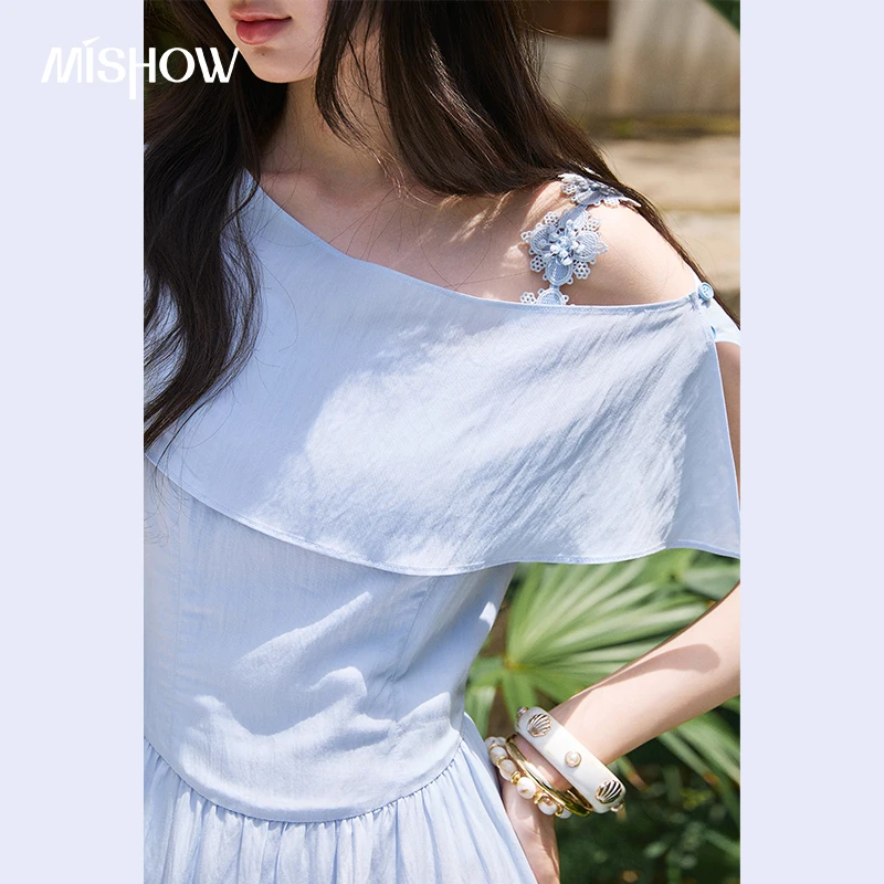 MISHOW Detachable Shawl Dress For Women 2026 Summer New Blue Floral Lace Shoulder Strap Slimming Gentle A-Line Dress MXF26L2700