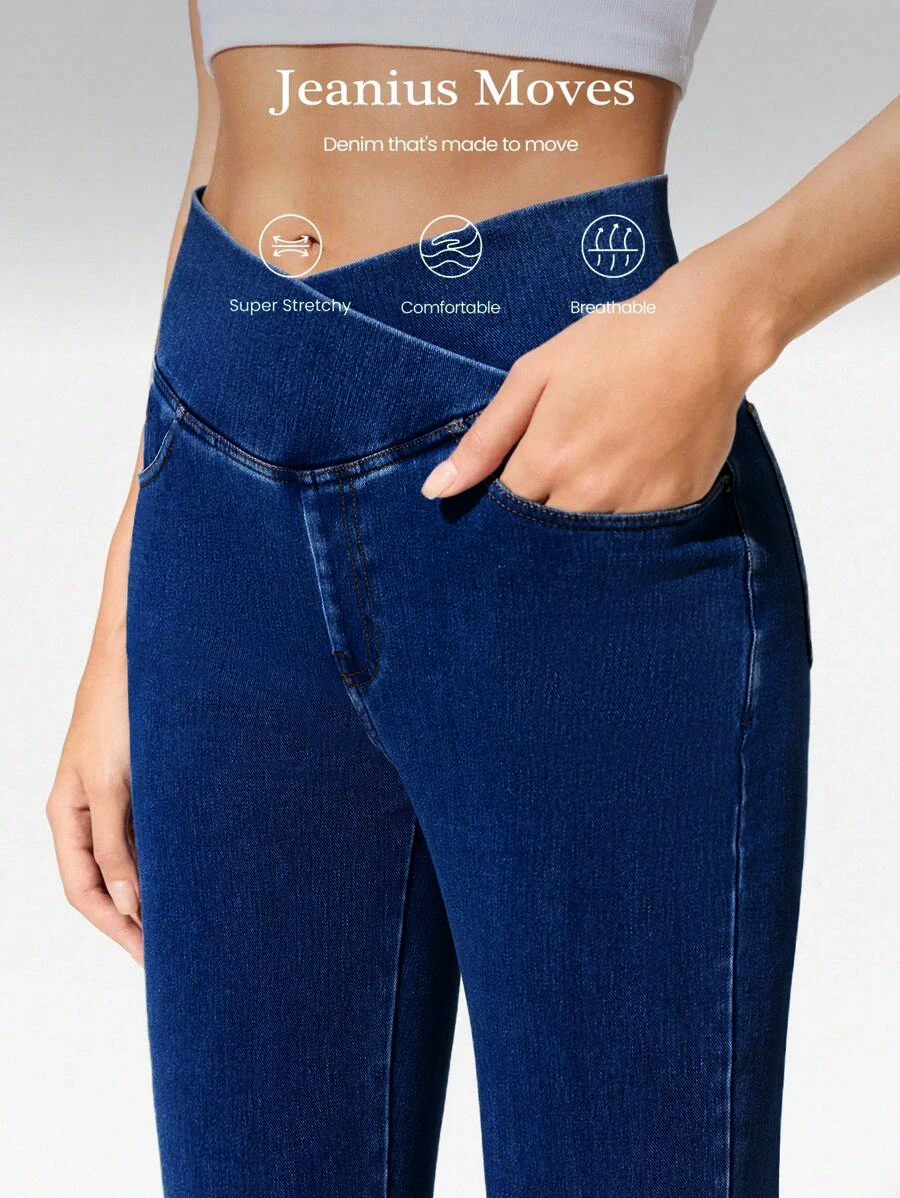 Damen High-Stretch Cross-Waist Flare Denim für Casual, Hüftbetonende Strick-Denimhose mit Tasche, Fitness Bootcut-Hose – Detail 3