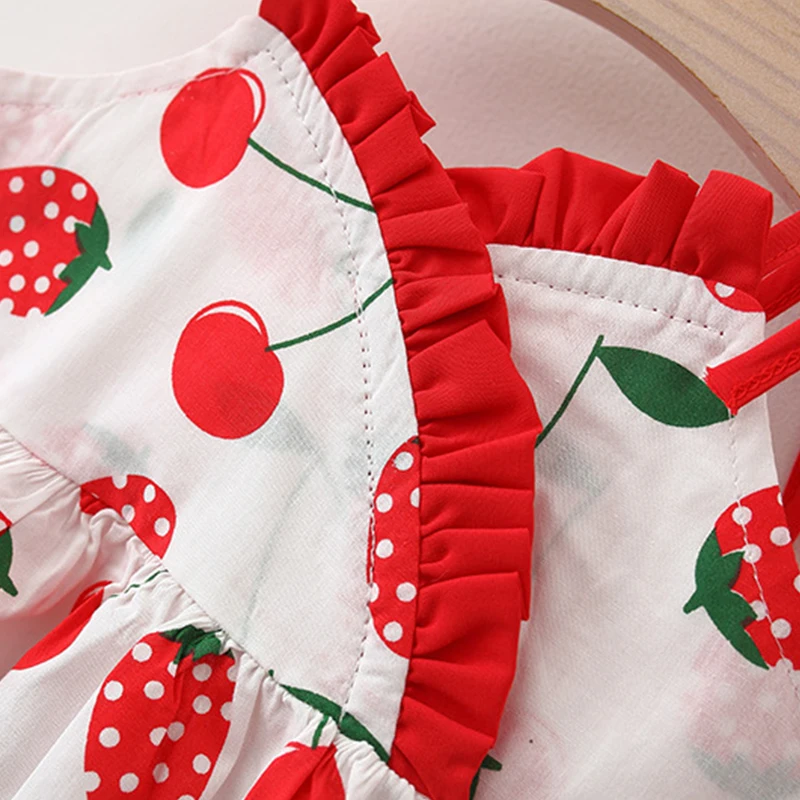 2Piece Summer Toddler Girl Clothes Korean Cute Strawberry Cherry Print Sleeveless Cotton Baby Dresses+Sunhat Kids Dress BC158