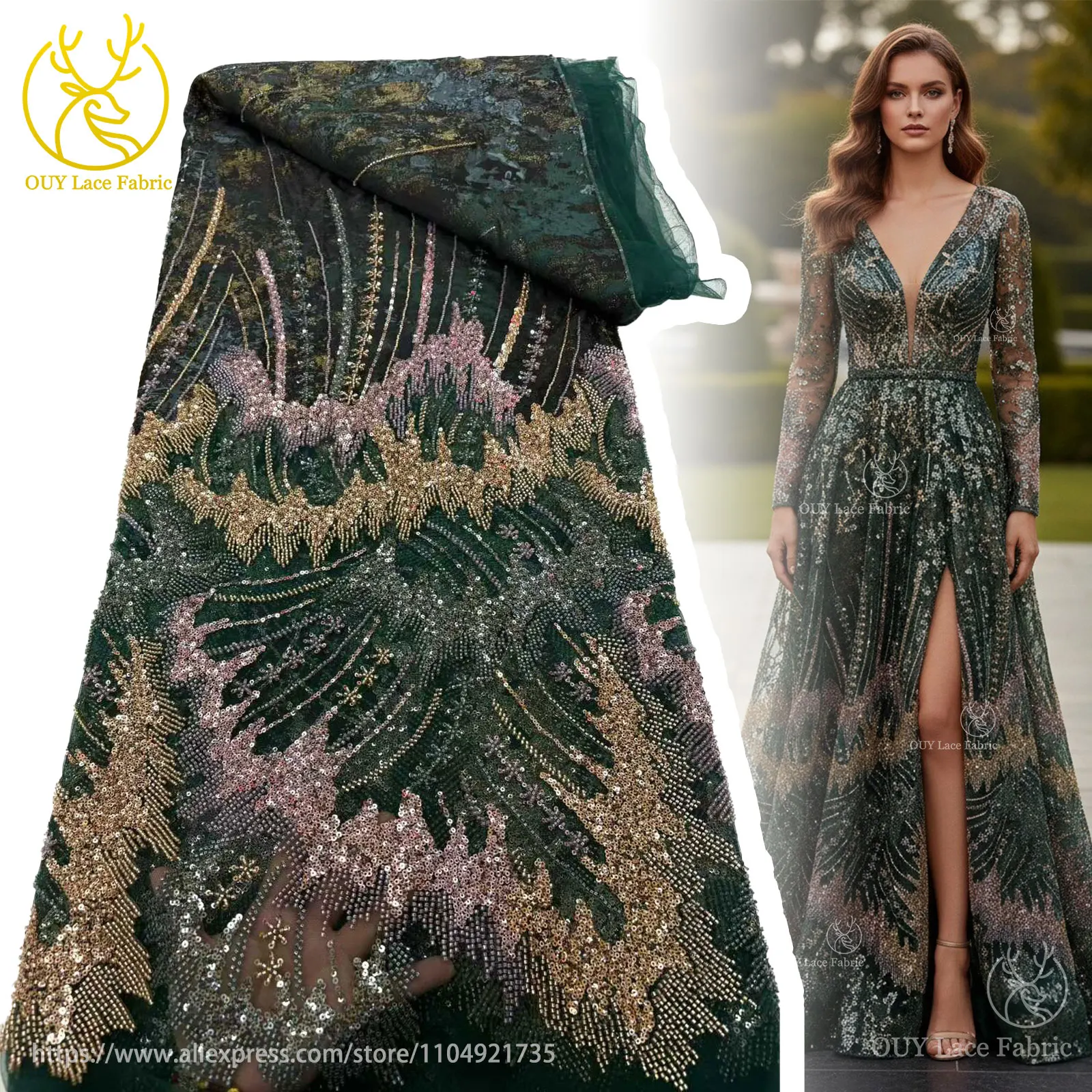 

Green Luxury African Beaded Lace Fabric 2025 French Sequin Lace Fabric Nigerian Embroidery Mesh Fabric For Ladies Dress Sewing