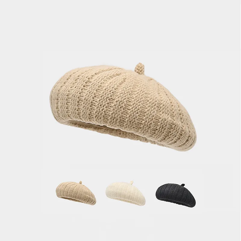 

2023 High-quality Three-dimensional Knitted Beret Girl Temperament Literary Woolen Cap British Style Solid Color Painter's Cap