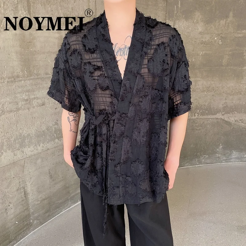 NOYMEI New Chinese Style Strap Design Men's Short Sleeved Shirts Casual Transparent Chiffon Top 2024 New Fashion WA4410