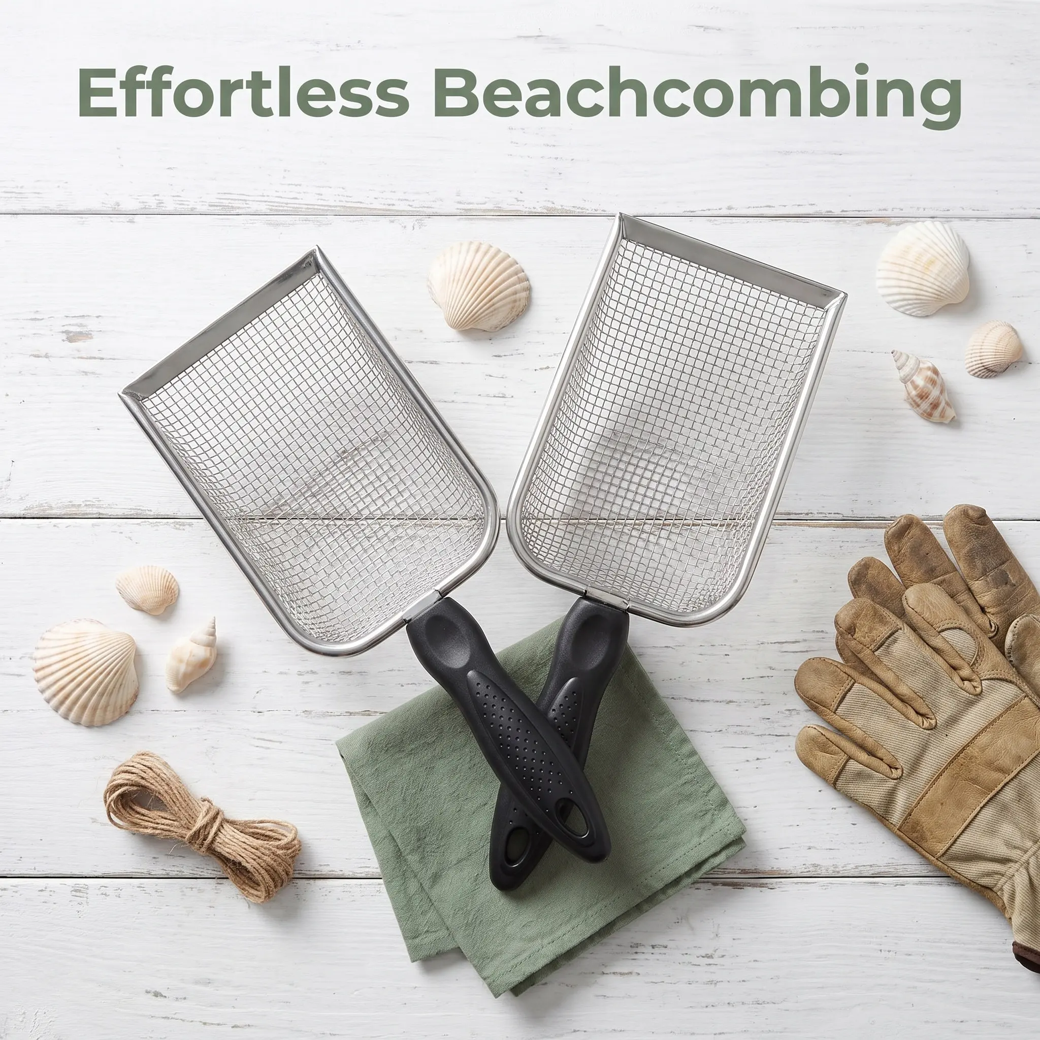 2Pcs Beach Mesh Sand Filter Shovel Set Funny Creative Stainless Steel Handle Portable Sand Scoop Tool Seashell Cleaner for Beach