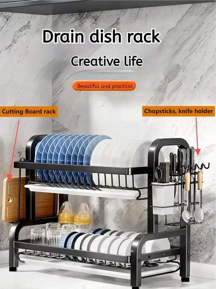 Rack de prato multifuncional de 1/2 camadas, suprimentos de cozinha, rack de armazenamento, drenagem
