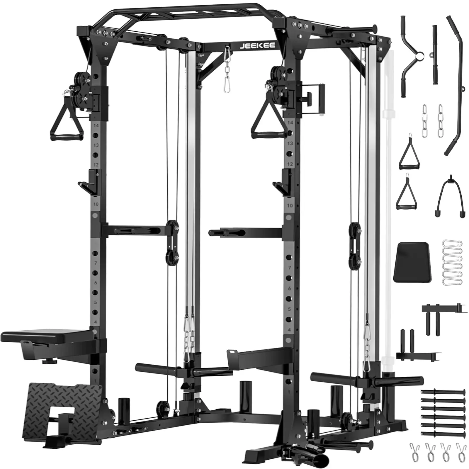 JEEKEE Power Cage with Cable Crossover System, 2000LB Multi-Function Power Rack with Independent Dual Pulleys, LAT