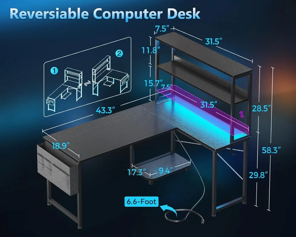 مكتب ألعاب على شكل حرف L قابل للعكس مقاس 43 بوصة مع منافذ طاقة وأضواء LED وأرفف تخزين للمكتب المنزلي #3