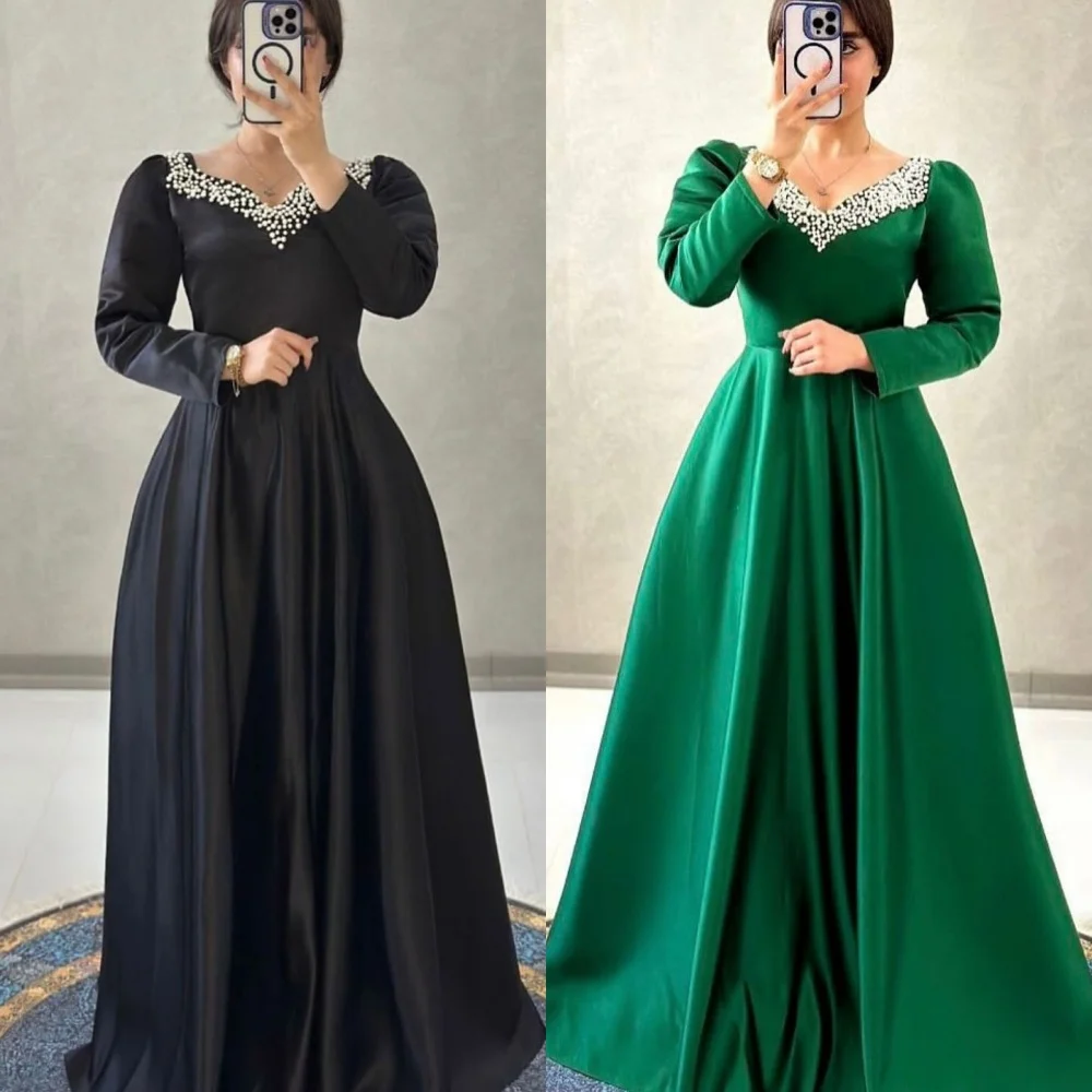 

Customized Exquisite Charmeuse Pleat Pearl A-line V-neck Long Dresses Bespoke Occasion Evening Modern Style