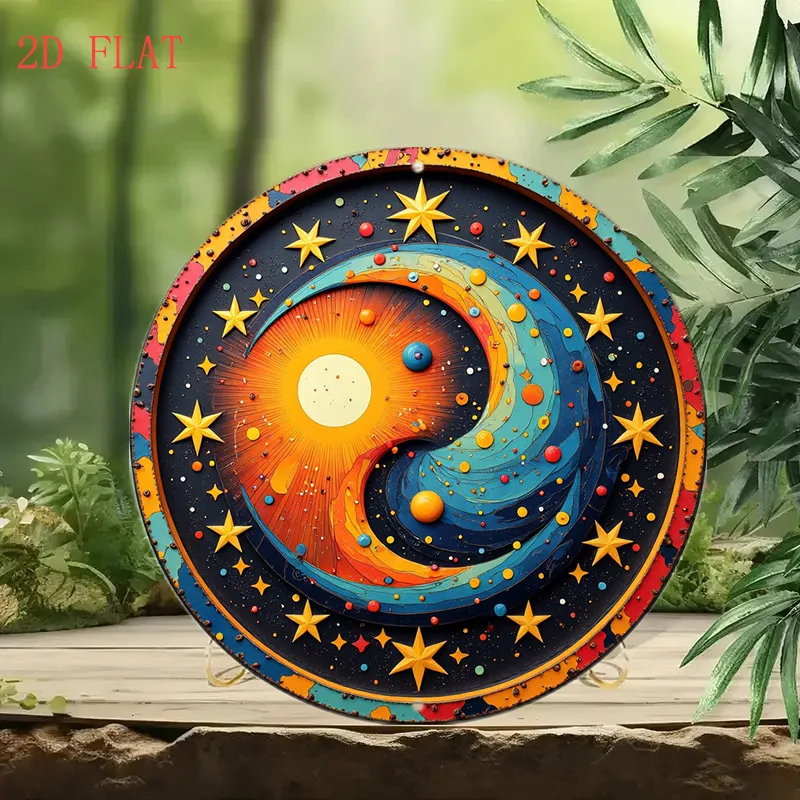 Yin Yang Sun Moon Metal Wall Art, 20x20cm Round Iron Sign, Blue Orange Cosmic Design, Easy to Install