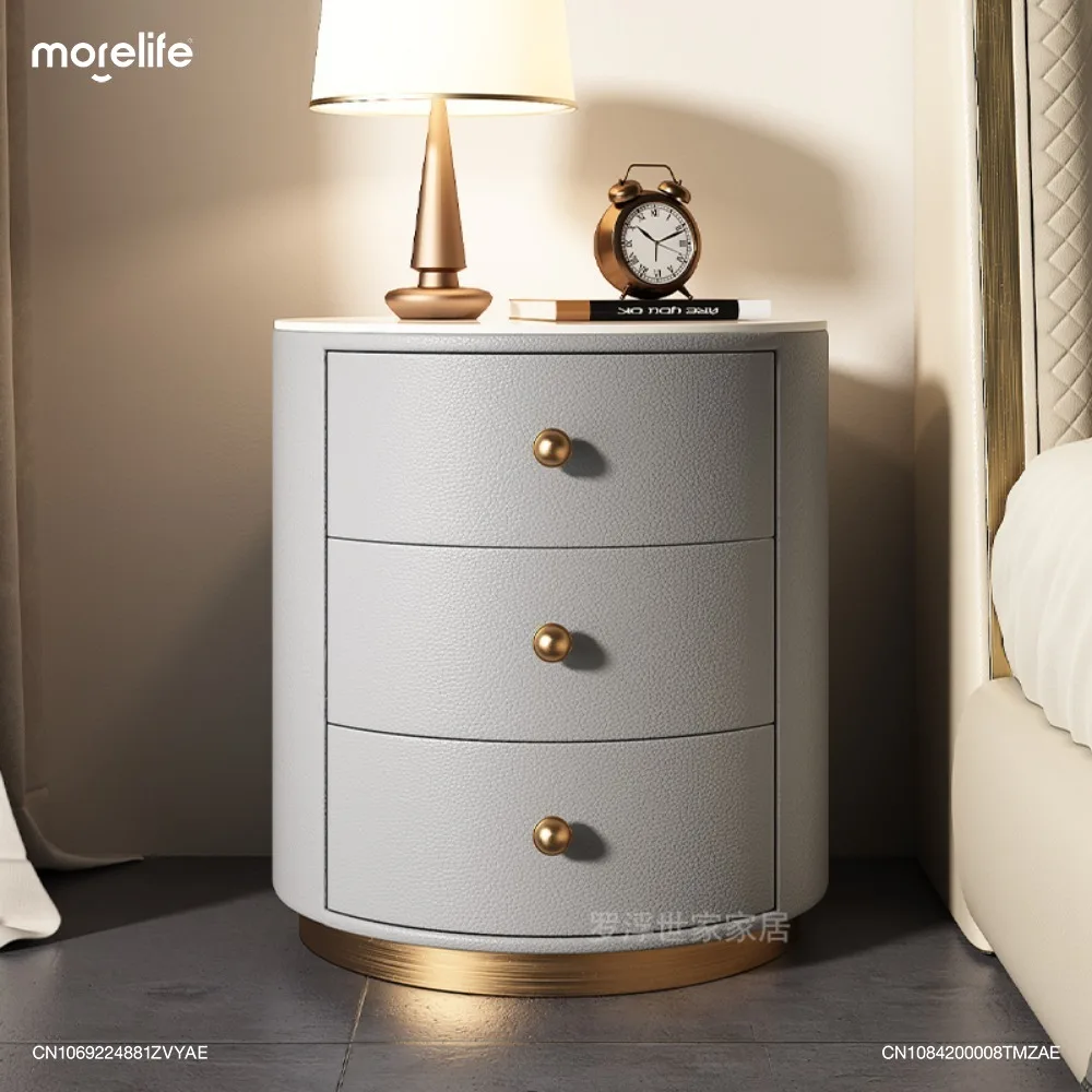 

Bedroom Leather Solid Wood Circular Bedside Tables Luxury Nightstands Sense Modern Minimalist Storage Cabinet Home Furniture K+