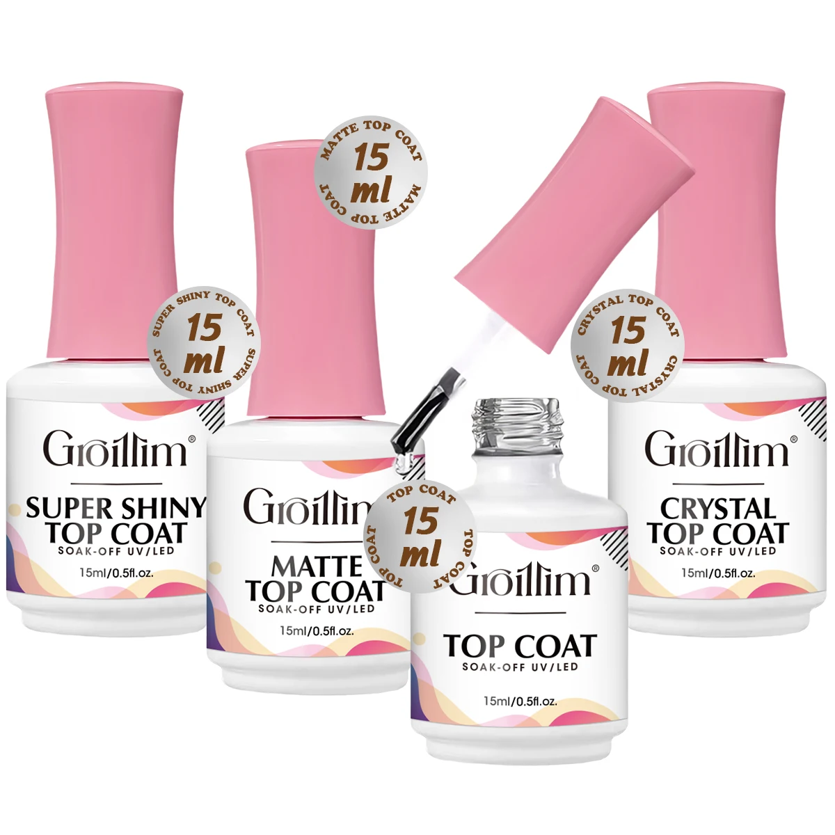 

Groillim 4-Bottle High-Gloss No-Wipe Top Gel Nail Polish Set, Base Gel, No-Wipe Long-Lasting Nail Polish. Beginner-friendly, sty