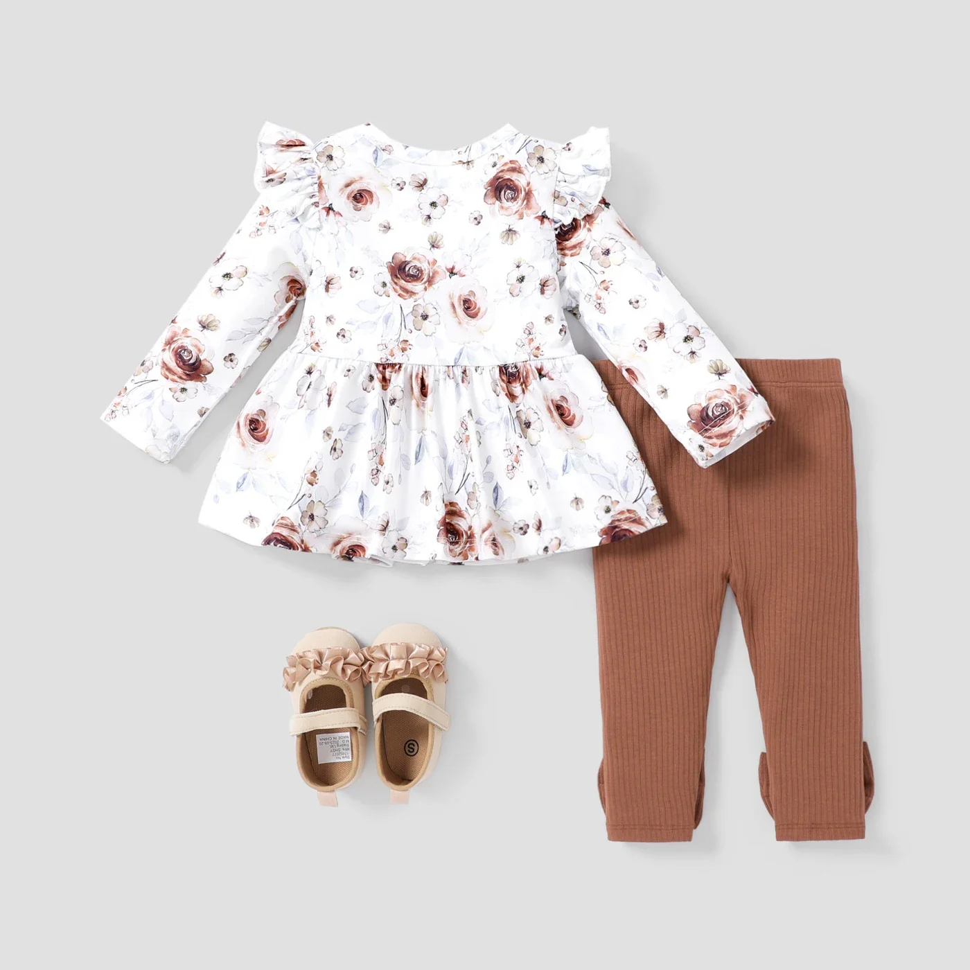 PatPat  2PCS Baby Girl Sweet Big Flower Flutter Sleeve Top/Solid Pant Set Suitable for Summer Season Perfect for Outings