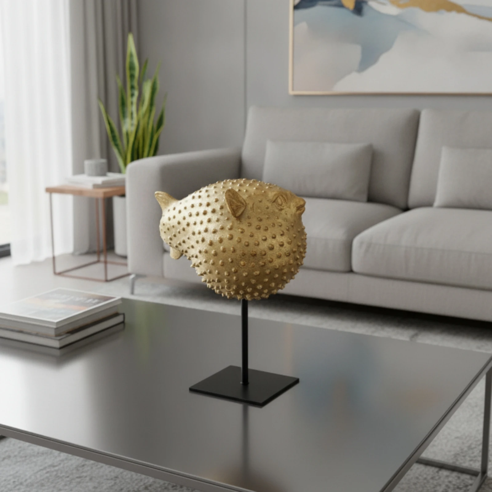 Pufferfish Sculpture with Stand Ocean Pufferfish Figurine Puffer Marine Creature Sculpture Nautical Decor Vibrant for Homeowners