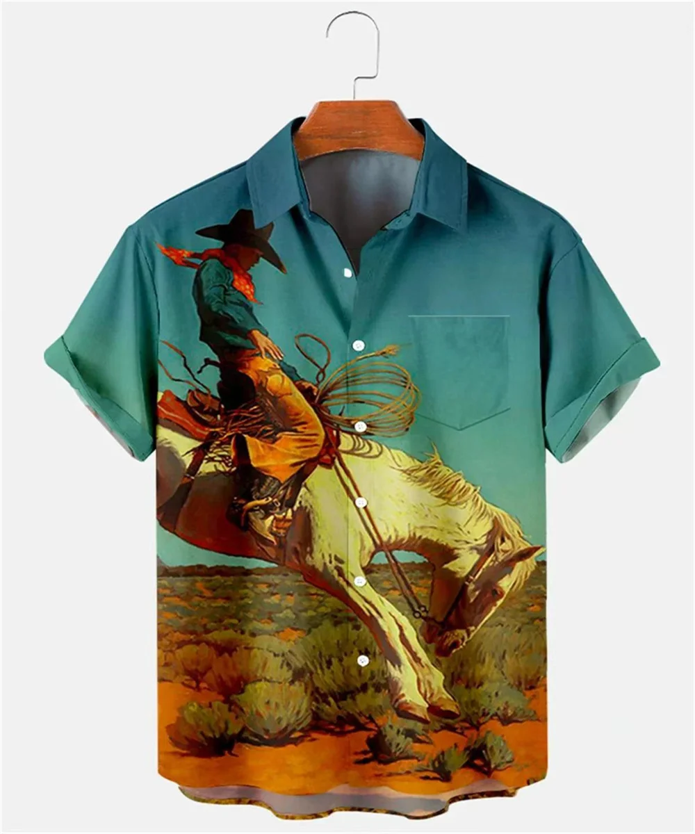 New Men's Casual Short Shirt Western Cowboy Horse Riding 3D Printed Lapel Shirt Short Sleeve Fashion Trend Shirt Top