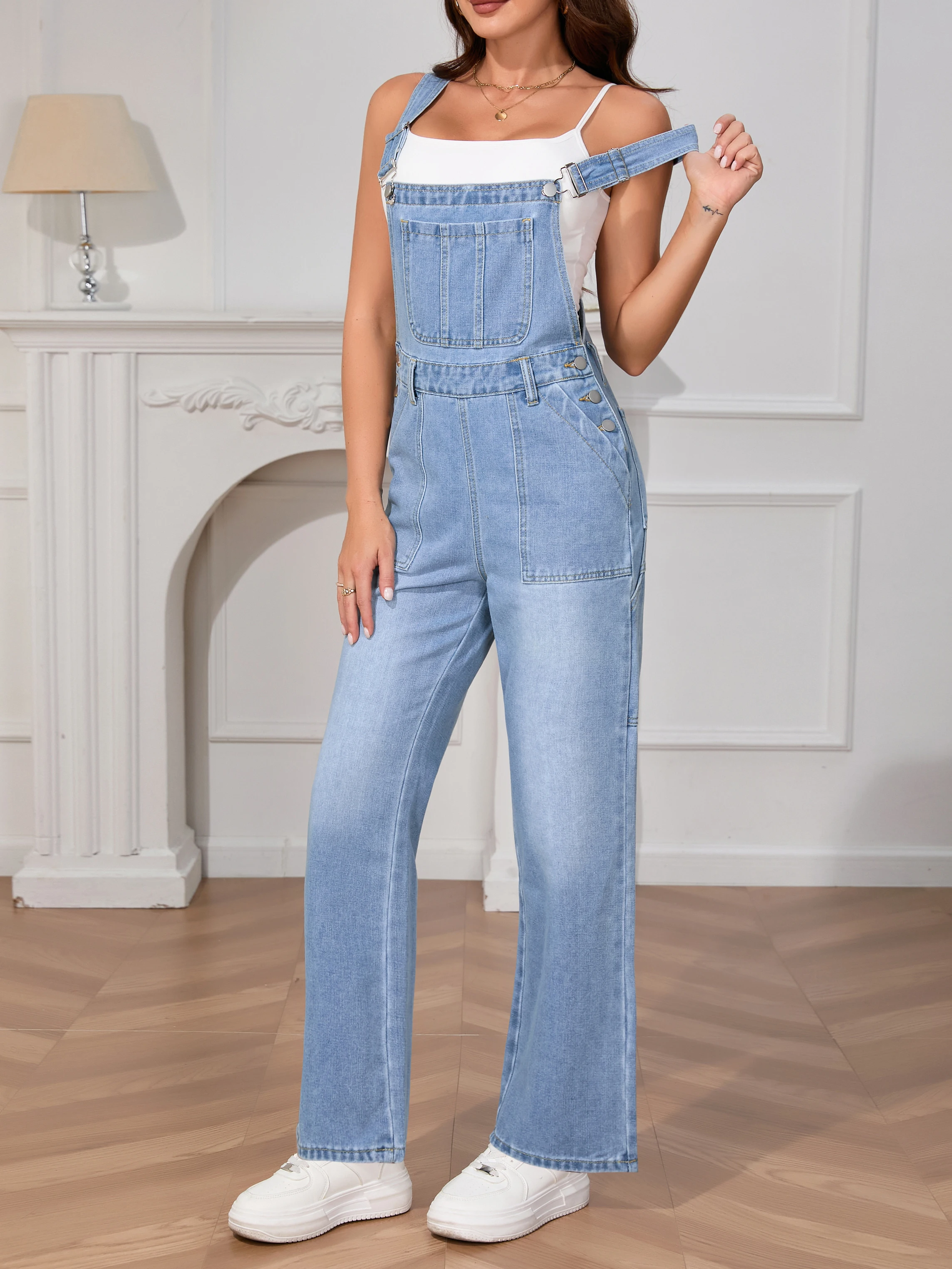 Women's Washed Denim Overalls - Vintage Euro American Style Strappy Jumpsuit, High Waist Casual Romper with Adjustable Straps
