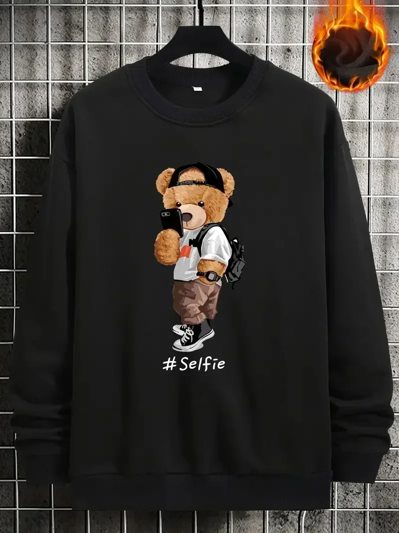 Men Cute Cartoon Bear Print Cool Hooded Trendy Sweatshirt Designer Faith Fleece Hoodies for Male Warm Casual Pullover Clothing