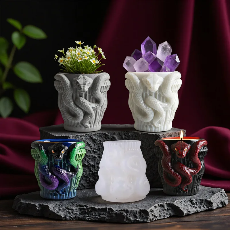 

Snake Relief Candle Cup Mold Succulent Plant Flowerpot Resin Silicone Mold Plaster Concrete Vase Storage Box Mould Desktop Decor