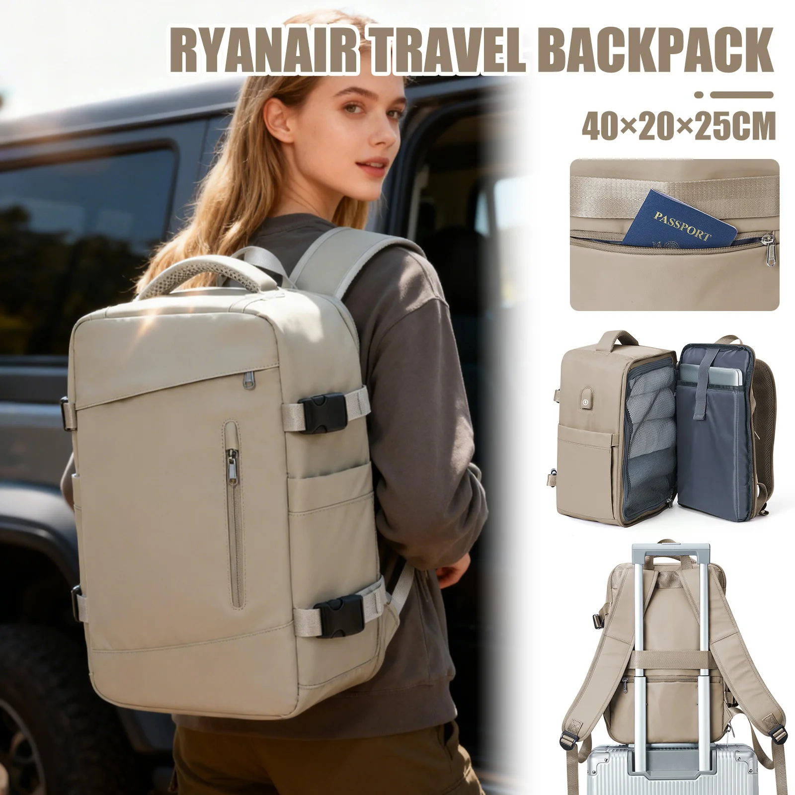 حقيبة ظهر Ryanair 40X20X25 Cabin حقيبة ظهر للأمتعة اليدوية، حقيبة ظهر للكمبيوتر المحمول، حقيبة ظهر للرحلات القصيرة للنساء والرجال، حقيبة ظهر تنفيذية #1