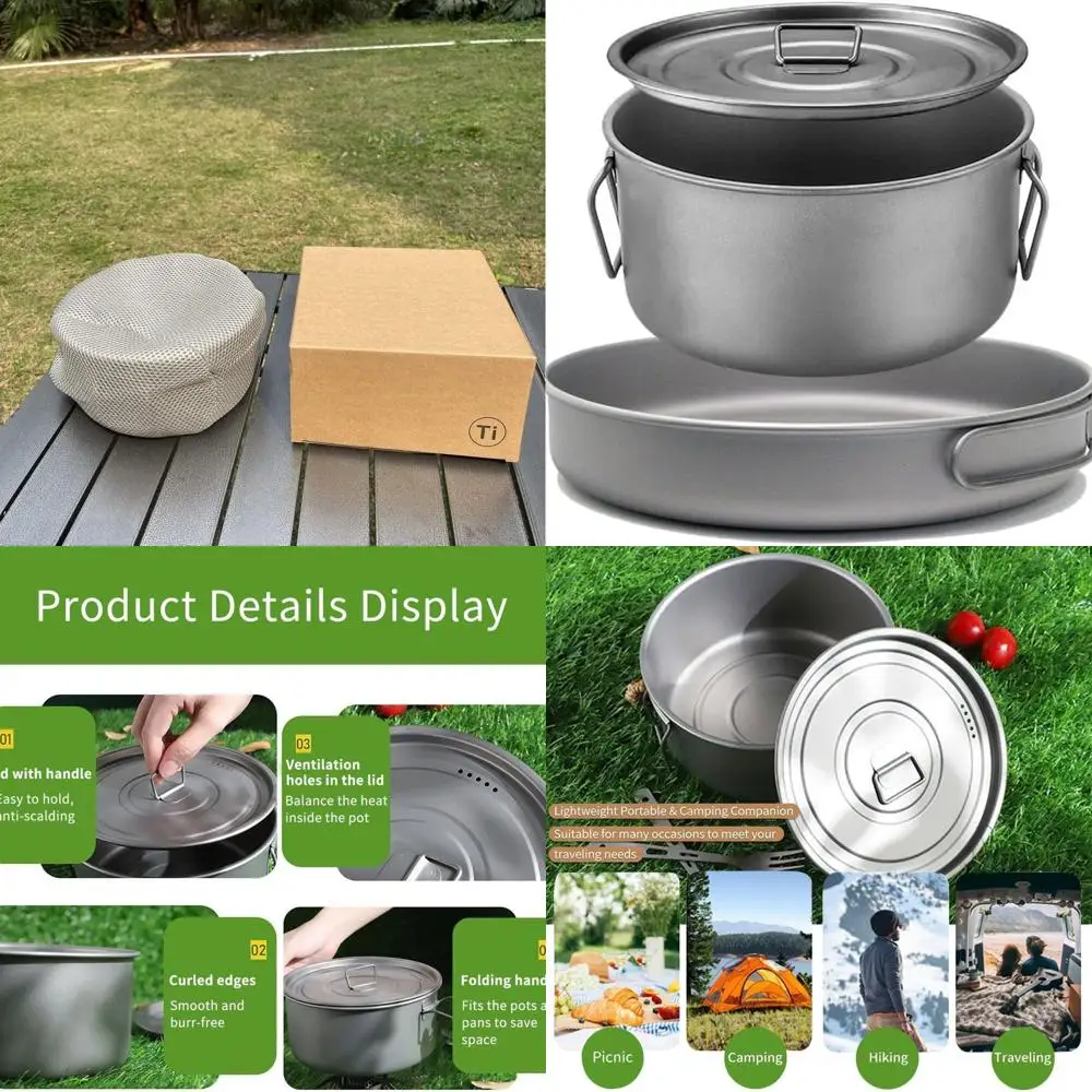 

2 Piece-Set, Outdoor Titanium Frying Pan & Pot with Lid Folding Handle Camping Hanging Cookware Hiking Picnic Ultralight Bowl Ta
