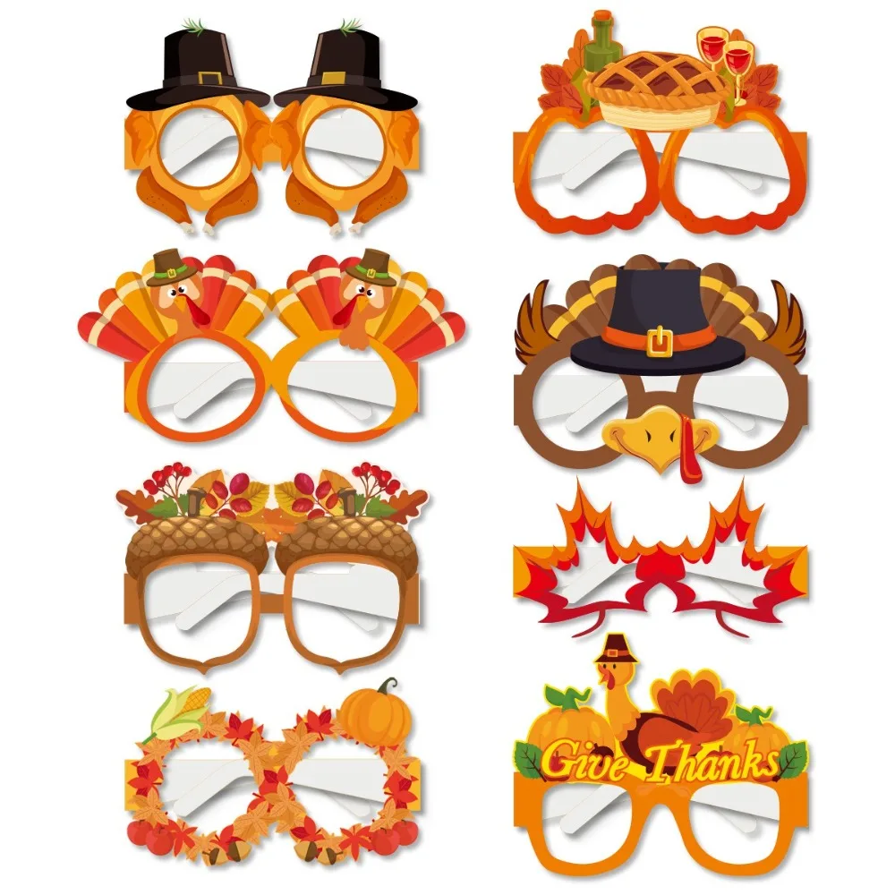 8pcs Parenting Autumn Maple Leaves Thanksgiving Glasses Funny Turkey Photo Props Pumpkin Party Decorations