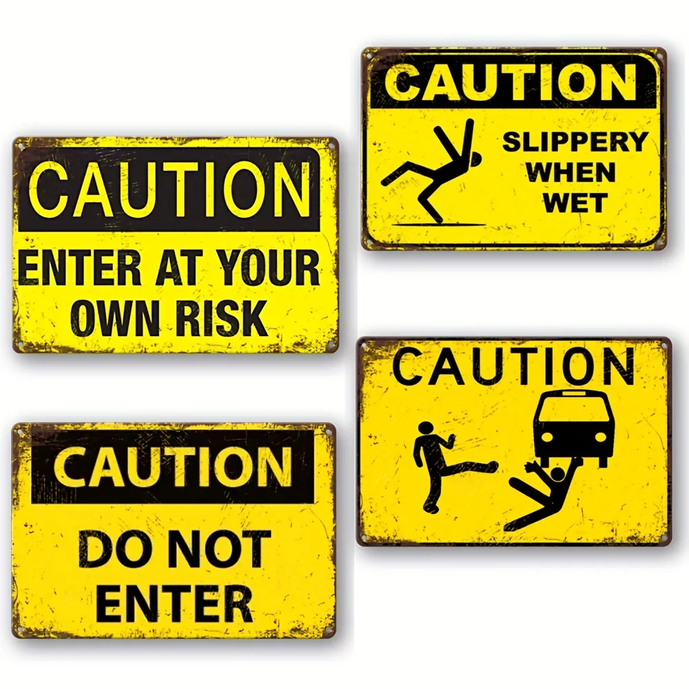 Vintage Metal Warning Tin Sign, Caution Enter At Your Own Risk/ Slippery Shen Wet/Do Not Enter,Room Home Restaurant Garage Decor