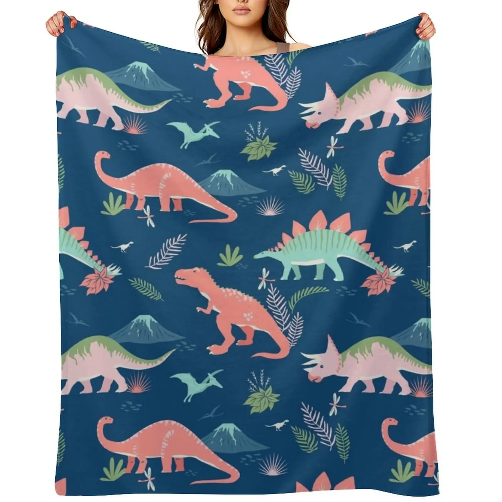 

Jurassic Dinosaur in Blue + Coral Throw Blanket Soft Beds Luxury Brand Luxury warm winter Blankets