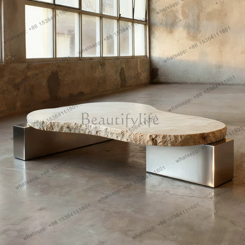 Premium Irregular Coffee Table with Natural Travertine Stone and Steel Legs Ideal for Scandinavian and Industrial Homes