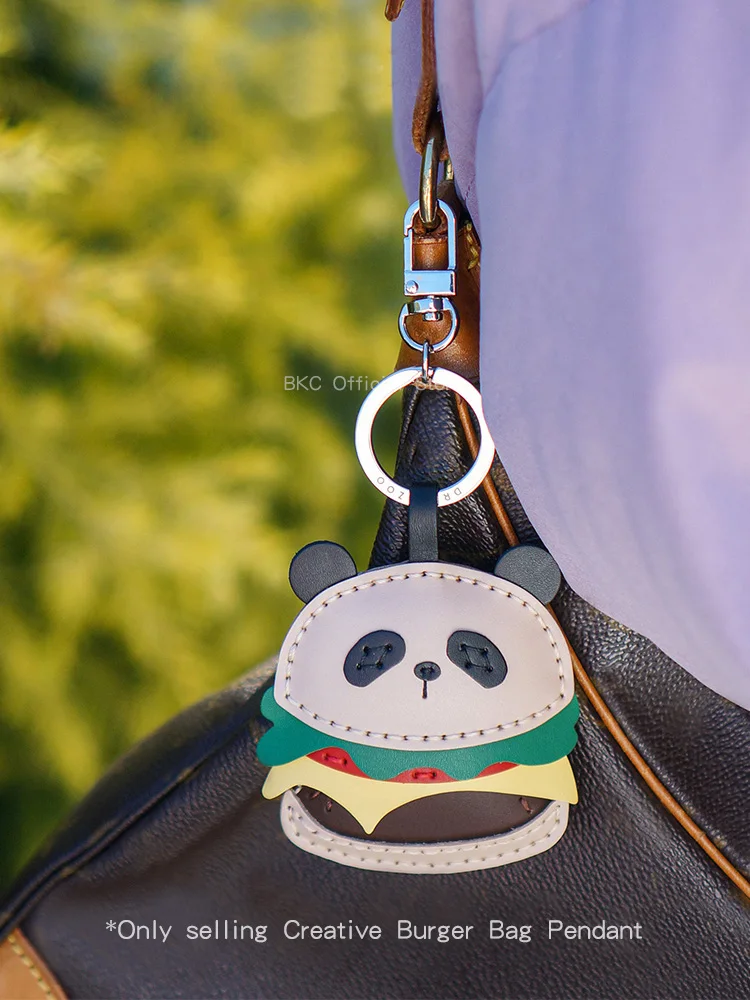Handmade Cowhide Burger Pig Panda Bag Charm, Wax Thread Saddle Stitch, Original Cute Keychain Pendant