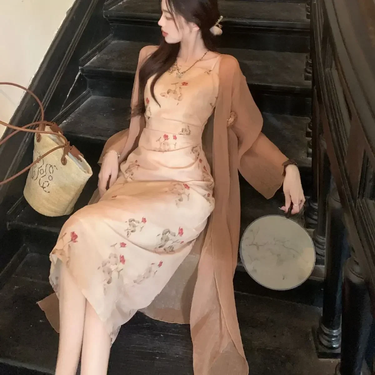 Spring Summer Improved Chinese Dress New Chinese Style Tank Dress For Plump Women Mm National Style Waist-fitted Slimming Skirt