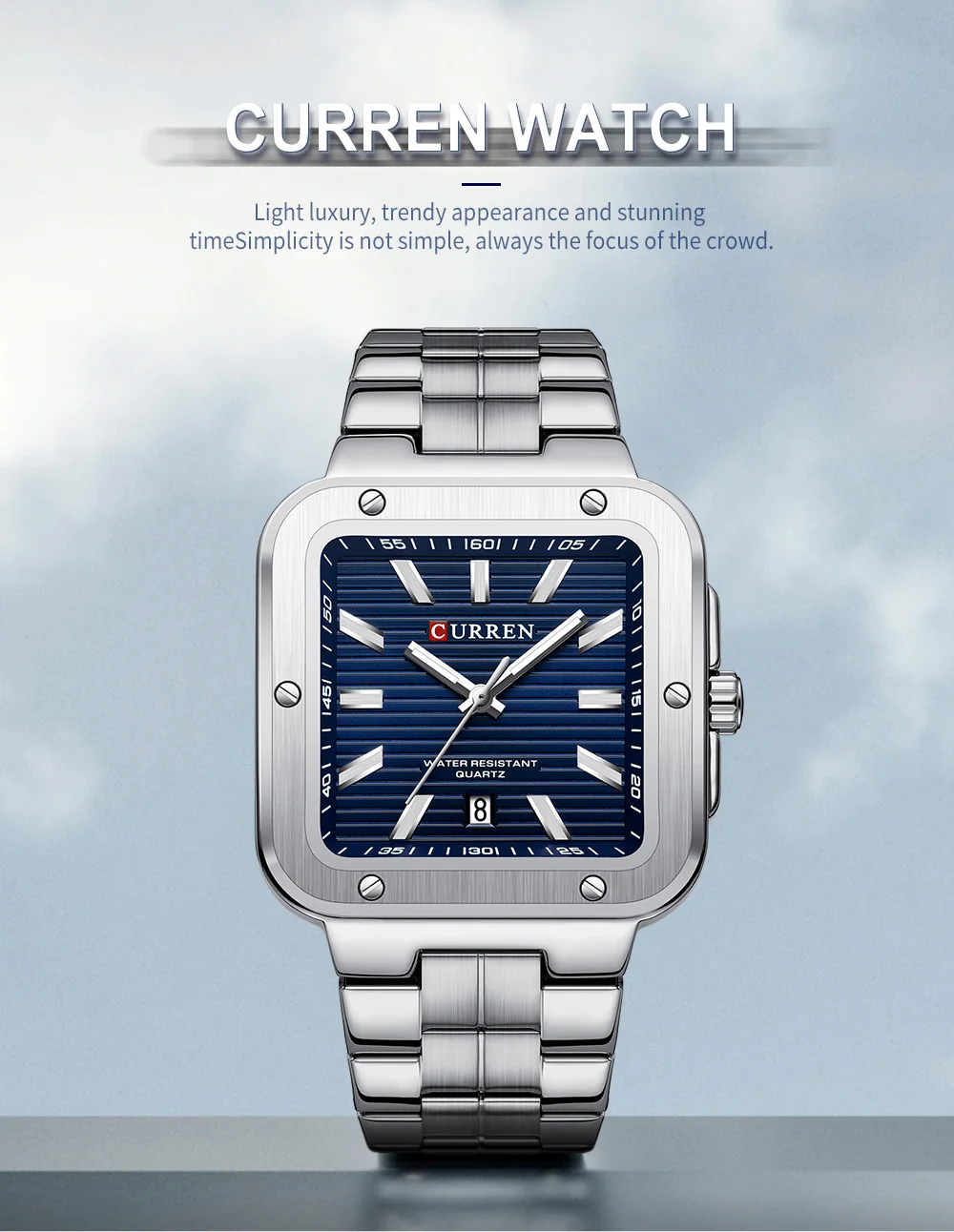 CURREN Einzigartige Quadratische Herrenuhr mit Grünem Zifferblatt - Edelstahlarmband, Business-Casual-Stil Quarz-Armbanduhren für Männer – Detail 1