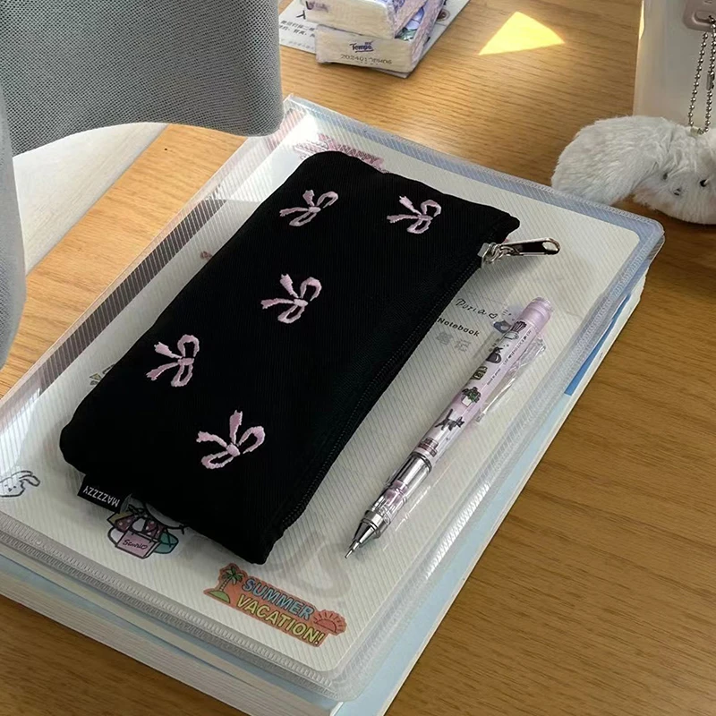 Ins Style – trousse à crayons Simple avec nœud noir, sac de rangement pour crayons de grande capacité, sac à cosmétiques, organisateur de papeterie, fournitures scolaires