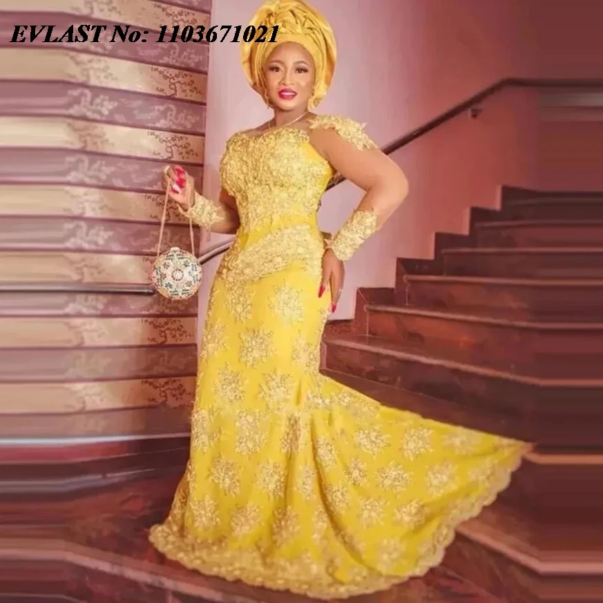 

EVLAST Customized Gold Lace Aso Ebi Prom Dress African Formal Party Gowns Long Sleeve Nigerian Wedding Guests Gown P130