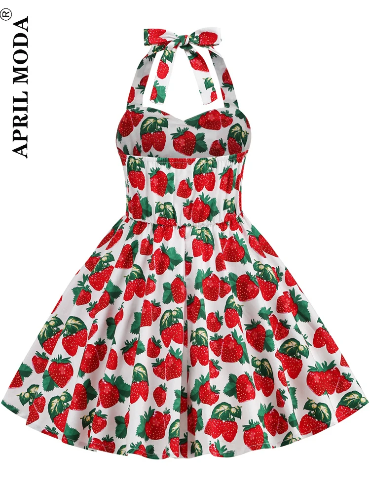 Strawberry Red Print Halter Casual Vintage Dress For Little Girl Strapless Kawaii Cocktail Princess Midi Runway Child Dresses