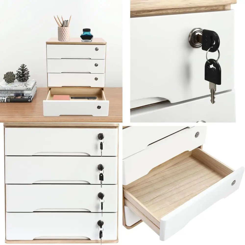 

Wooden 4-Tier Lockable Drawer Organizer with 8 Keys, Secure Desktop Storage Cabinet (Wooden)
