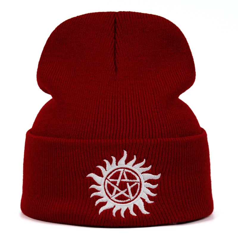 Five-pointed star sun Embroidery knitted hat Winter women men outdoor warm beanie