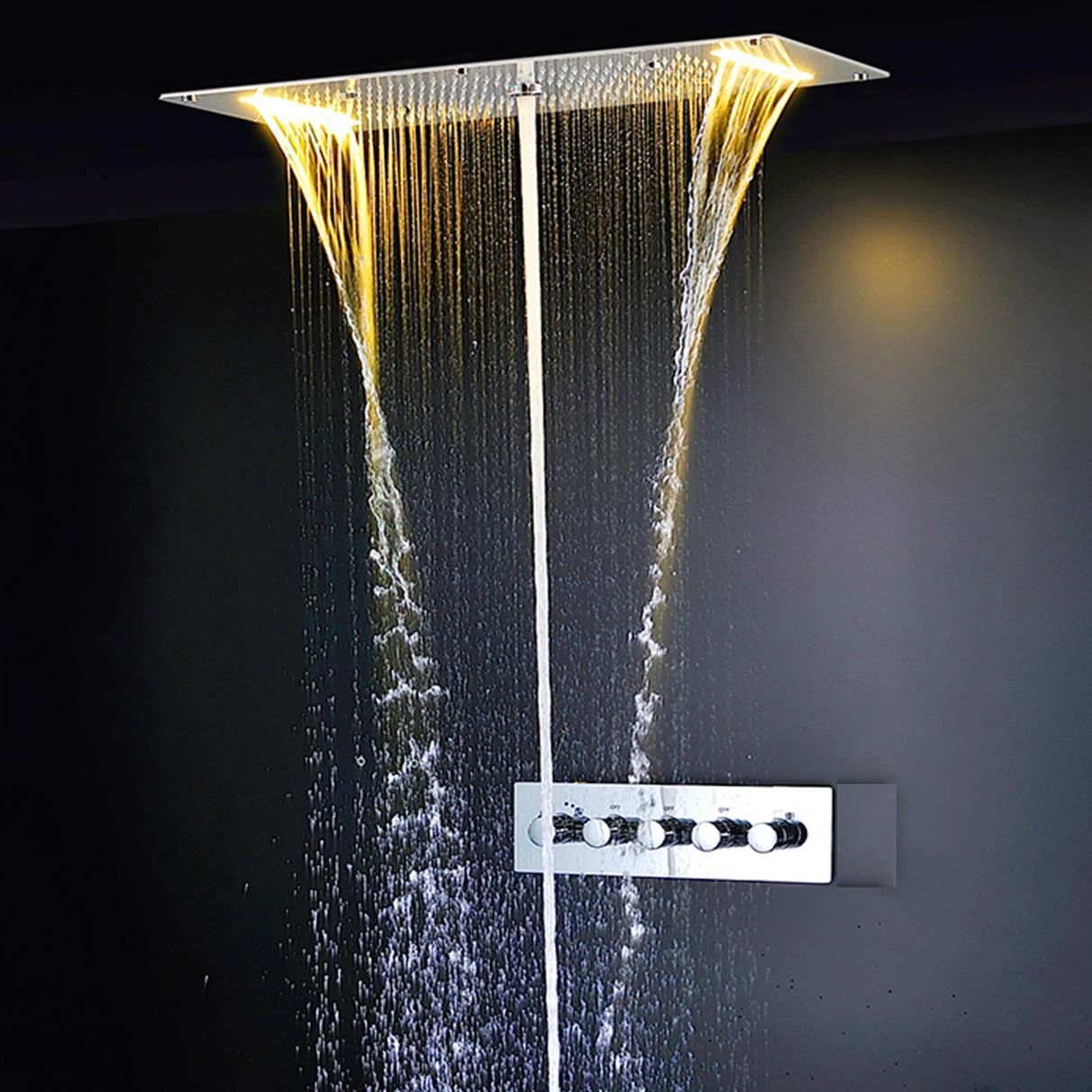 Luxury Bathroom LED Shower Spray Waterfall Rainfall  Shower Head Chrome 380X700MM Ceiling Shower Thermostatic Shower System