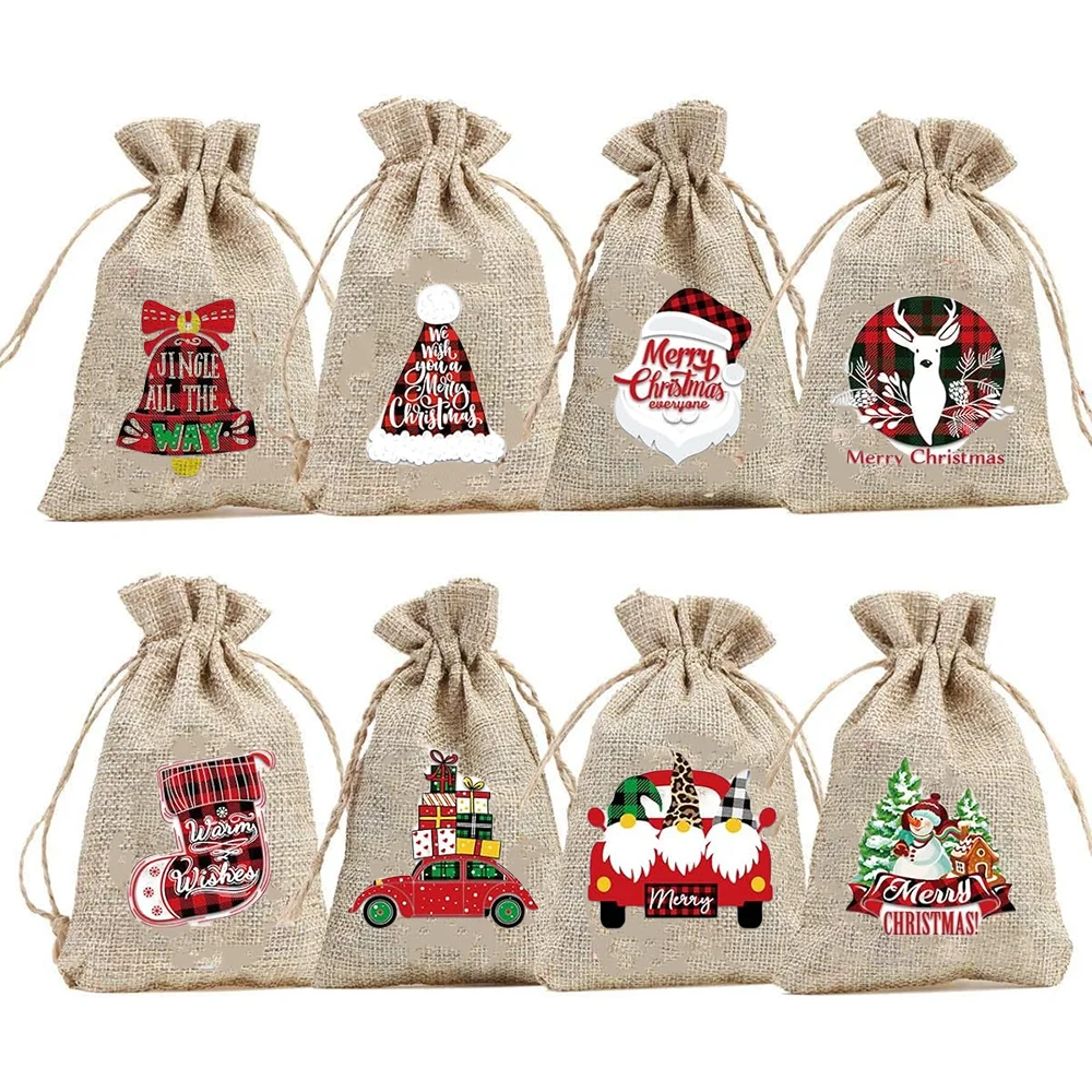

8Psc Christmas Burlap Goody Bags Drawstring Gift Bag Elk Santa Claus Xmas Party Decoration Supplies Christmas Stocking Favors