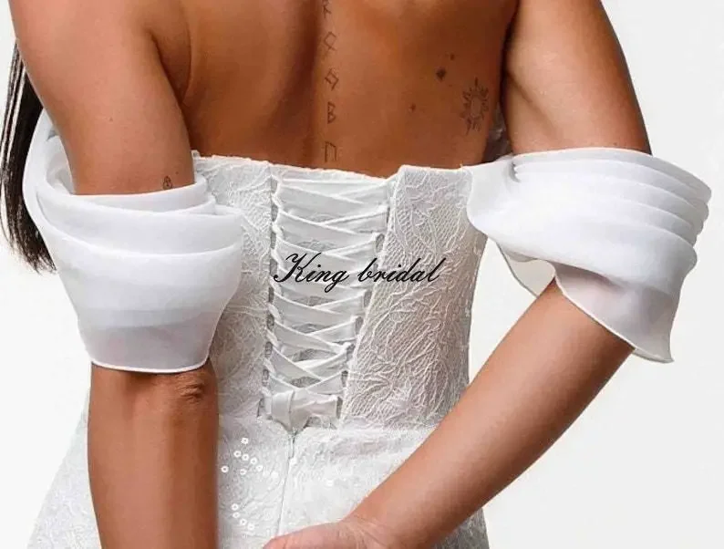 Trem destacável feito sob encomenda vestido de casamento de renda com organza fora do ombro renda chantilly vestido de casamento modesto