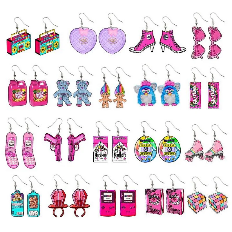 Acrylic cute 90's Tyco Doodle Bear Polly Pocket Compact pink cell phone Bubble jug classic 90s candy vinyl  earrings