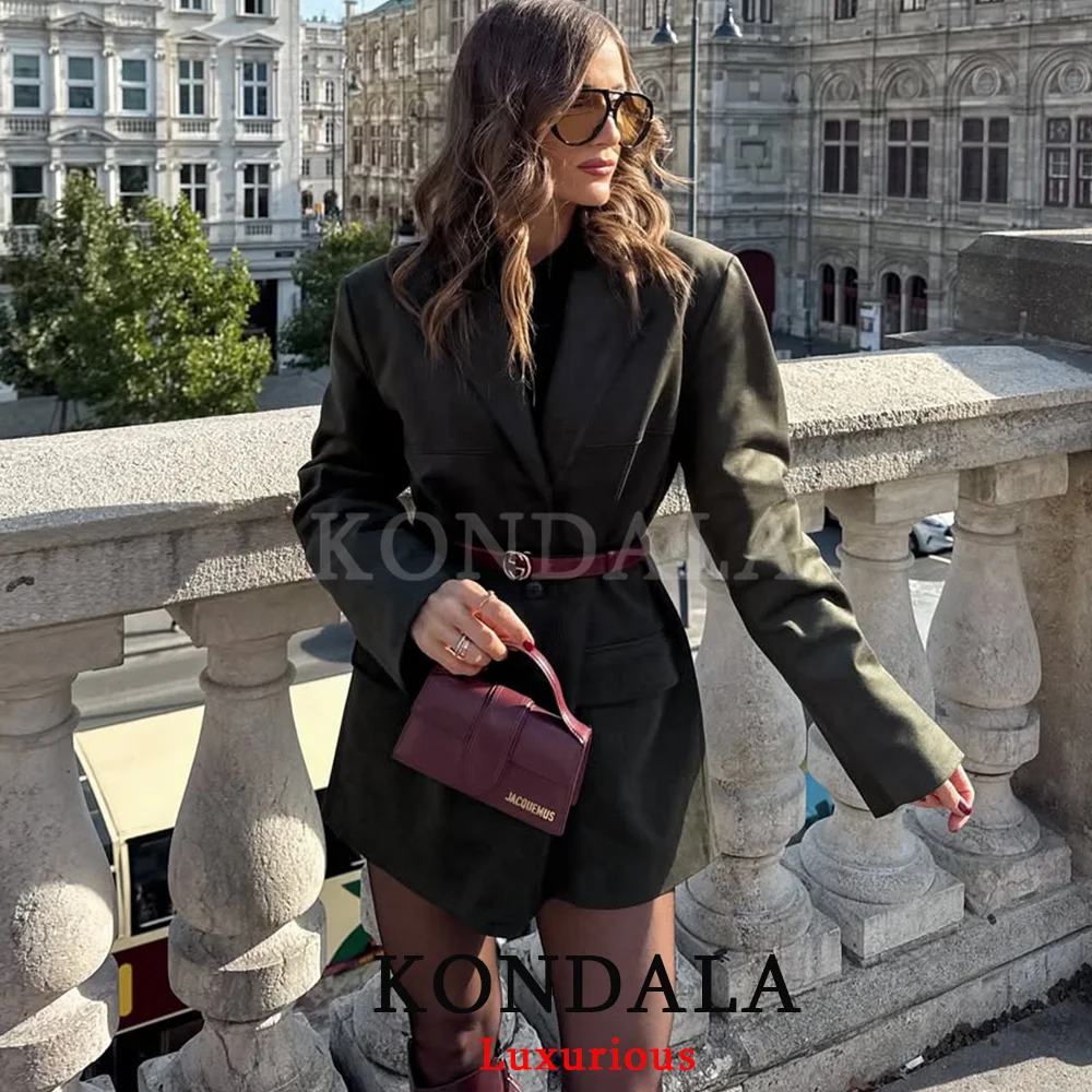 

KONDALA Dirty Martini зеленый замшевый пиджак, женские куртки с v-образным вырезом и карманами, длинный пиджак большого размера, мода 2025 года, осенне-зимняя верхняя одежда