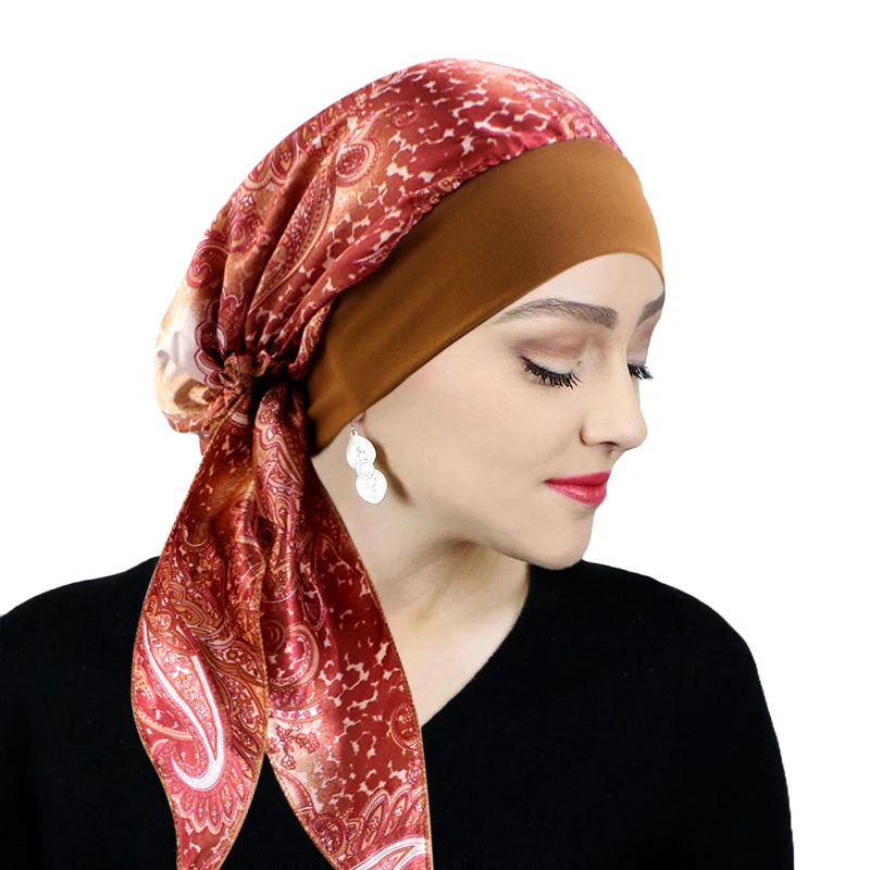 Women Pre-Tied Satin Turban Muslim Inner Hijabs Cancer Chemo Caps Headscarf Hair Loss Headwrap Bandana Elastic Hair Accessories