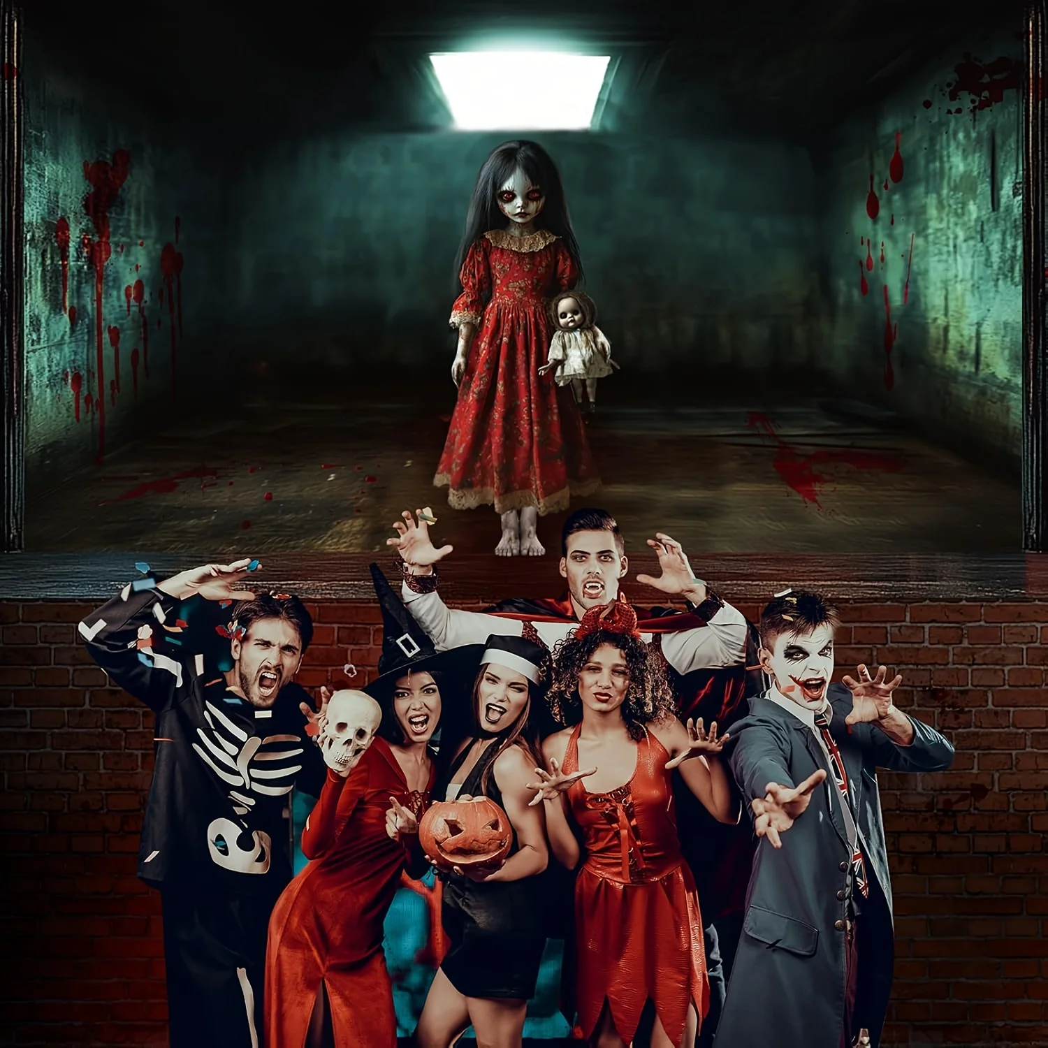 لافتة باب جراج كبيرة للهالوين - تصميم لفتاة دمية إيري معلق لخلفية رذاذ الدم، بوليستر متين #5